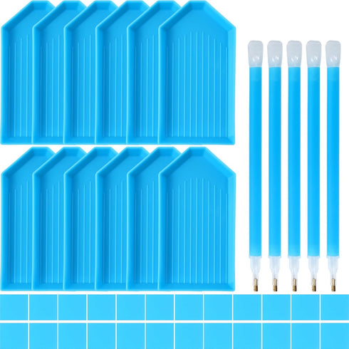 QYING 39PCS Blue 5D Diamond Art Painting Tools and Accessories Kits,with 12 Plastic Diamond Art Painting Trays,22pcs Glue Clay,5 Diamond Art Paint...