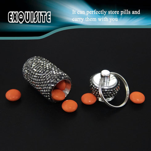 Pill Container Pill Case Bling Crystal Rhinestone Portable Waterproof Pill Holder Box Storage Bottle with Keychain for Travel, Outdoor, Camping (G...