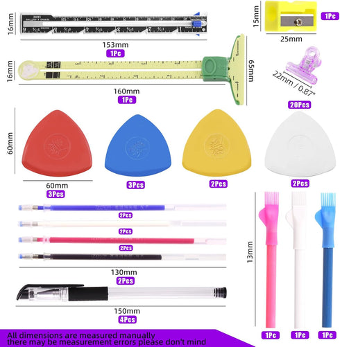 Swpeet 48Pcs Sewing Tools Kit, Tailors Chalk, Sewing Fabric Chalk, Sewing Fabric Pencils, 5-in-1 Sliding Gauge Measuring Sewing Ruler Tool, Heat E...