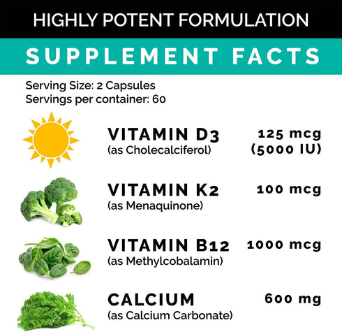 PrimeMD 4-in-1 Calcium Supplements for Women & Men - Calcium 600mg with Vitamin D3 K2 B12 5000 IU Supplement for Heart, Bone & Body Defenses - Glu...