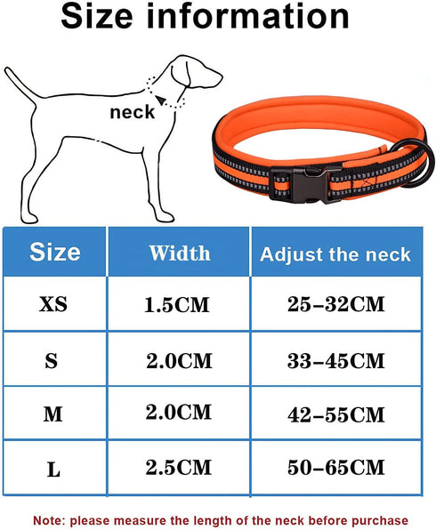Reflective Nylon Dog Collar with Safety Buckle, Adjustable Pet Collars Comfortable Soft Neoprene Padding Dog Collar for Small Medium Large Dogs (S...