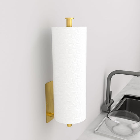 Paper Towel Holder Under Cabinet - Gold Paper Roll Holder Wall Mount, Stainless Steel, Self-Adhesive or Drilling, for Kitchen, Bathroom, RV...
