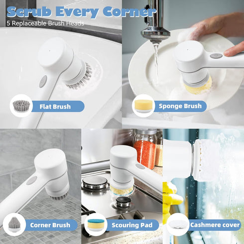 Electric Spin Scrubber Cordless Power Cleaning Brush with 5 Replaceable Brush Heads Rechargeable Scrubber for Bathroom Tub Sink Kitchen Dishes Til...
