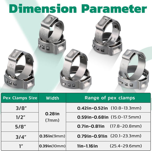 150 Pack 3/8 Inch Pex Clamps,304 Stainless Steel Pex Cinch Clamps Stepless Pex Crimp Rings PEX fittings Pinch Clamps,Single Ear Hose Clamps for Pe...