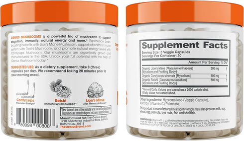 Genius Lions Mane Supplement Capsules - Organic Nootropic Supplement, 1200mg per Serving – 120 Veggie Pills...