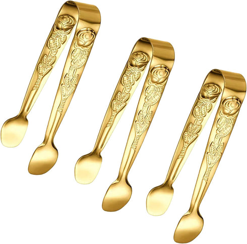3PCS Mini Serving Tongs, 4Inch Rose Stainless Steel Sugar Cube Tongs, Sliver Small Ice Tong for Tea and Coffee Party, Appetizers, Desserts by Sune...