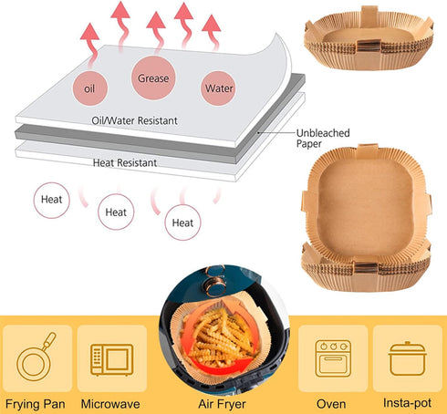 Air Fryer Disposable Paper Liner, Square Parchment Insert Non-Stick, Baking Food Grade Sheet for Aifryer Basket, Oven, Pan, Oil-proof, Water-proof...