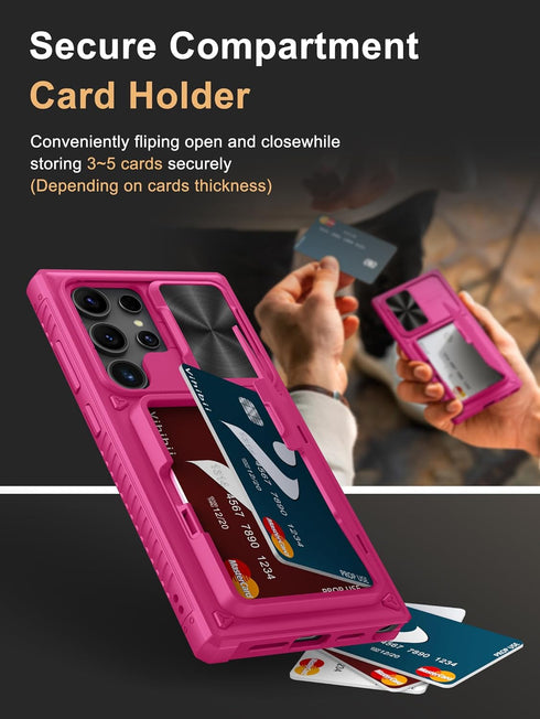 Vihibii for Samsung Galaxy S24 Ultra Case with Card Holder (4 Cards) & Slide Camera Cover & Kickstand, Shockproof Rugged Hard Back & TPU Soft Edge...