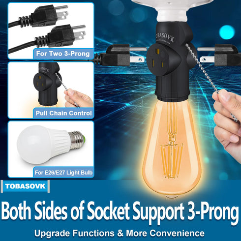 2Pcs Tobasovk 3 Prong Light Socket Adapter, Double Sides Both Support 3 Prong Light Socket to Plug Adapter, Heat-Resistant & Durable Materials Mul...
