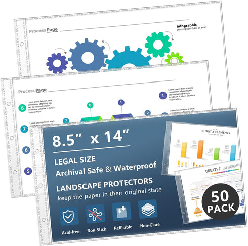 8.5 x 14 Page Protectors, 50Pack, Legal Size Paper Sleeves, Landscape Document Sleeves for 3 Ring Binder, Side Loading...