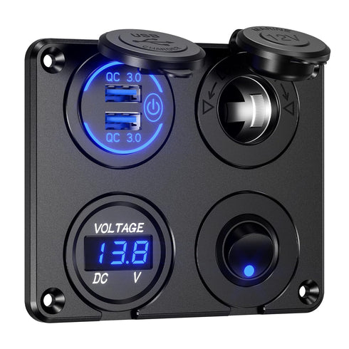 4 in 1 12V Outlet Charger Socket Panel, 36W Power Dual QC 3.0 USB Car Charger Outlet Socket, Cigarette Lighter Socket with LED Voltmeter Rocker To...