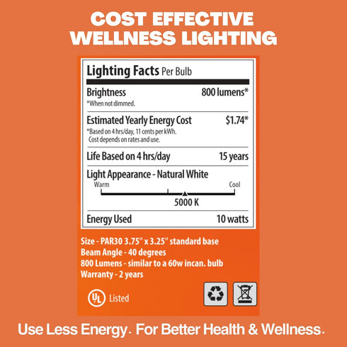 NorbSMILE CA California Energy Compliant Advanced Full Spectrum, Par 30 Long Neck, 10W LED Flood Style Light Bulb, Natural SUNLIKE Spectrum - Brin...