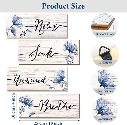 YIGAGNY 4 Pieces Bathroom Wall Decor Wooden Rustic Farmhouse Bathroom Wall Art Hanging Sign 10 x 4 Inch Blue Bathroom Accessories Decor for Spa La...
