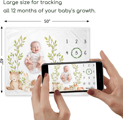 Woodland Milestone Blanket, Forest Animals Baby Growth Chart Monthly Blanket, Watch Me Grow Woodland Bear Fox Baby Nursery for New Moms Baby Showe...