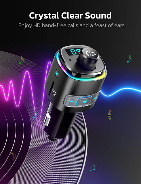 Nulaxy Bluetooth FM Transmitter for Car, QC3.0 Fast Charge Bluetooth Car Adapter, Wireless Radio Car Kit with 7 Color LED Backlit, Support Hands-F...