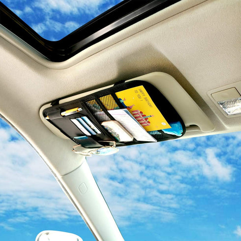 Car Sun Visor Organizer Pocket Storage Pouch Case Leather Holder Portable (Black 3 Mesh)...