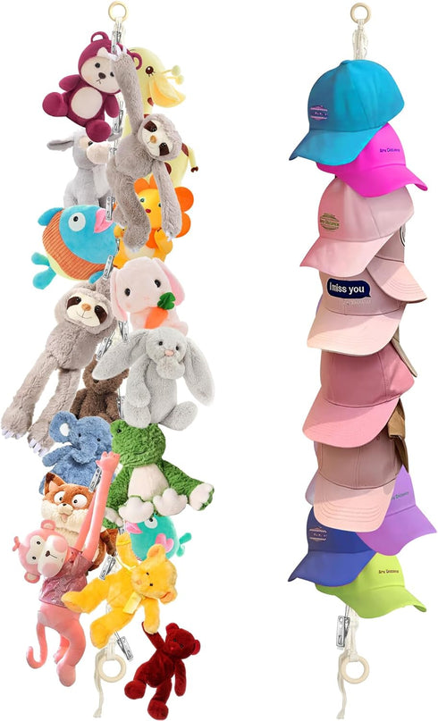 2pcs Stuffed Animal Storage Chain - Boho Stuffed Animal Hammock with 40pcs Metal Clips, Stuff Animal Organizer Hanging Storage for Kids Bedroom Wa...