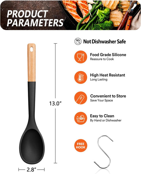 Large Silicone Cooking Spoons, Nonstick Solid Wooden Handle Spoon, Heat Resistan Silicone Kitchen Spoons for Cooking, Serving, Basting, Mixing, 13...