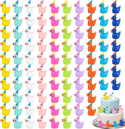 100 Pack Mini Resin Ducks, Multicolor Mini Ducks Wearing Party Hat, Tiny Duck Miniature Duck Figures Tiny Home Ornament for Micro Landscape Dollho...