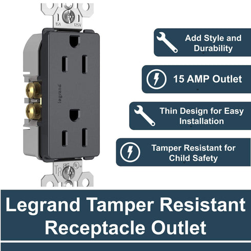 Legrand radiant 885TRGCC12 15 Amp Tamper Resistant Decorator Duplex Outlet, Side Wire or Push Wire, Graphite (1 Count)......