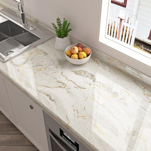 Glossy Marble Contact Paper for Countertop Kitchen Beige Gold Marble Wallpaper Modern Vinyl Wall Paper for Bathroom Waterproof 15.75"x78" Stick on...