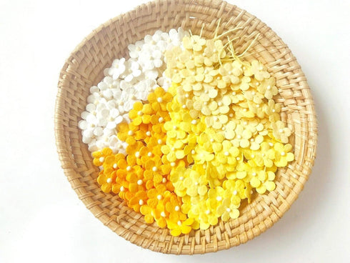 PL Set of 50 Tiny Flower Mixed Tone Yellow Embellishment with Thread stem Mulberry Paper Flower Size 0.30" Very Small Yellow1 Craft Handmade Weddi...
