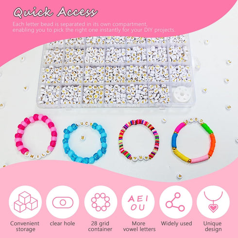 Looconi 1400pcs Letter Beads A-Z 4x7mm White On Gold Round Acrylic Alphabet Heart Beads and Beading Cord for Jewelry Making Bracelets Necklaces Ke...