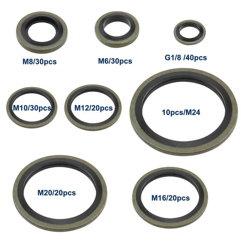 SING F LTD 200Pcs Oil Seal Washer Metal Seal Oil Washers G1/8 M6 M8 M10 M12 M16 M20 M24 Bonded Sealing Washer Assortment Kit for Automotive,Hydrau...
