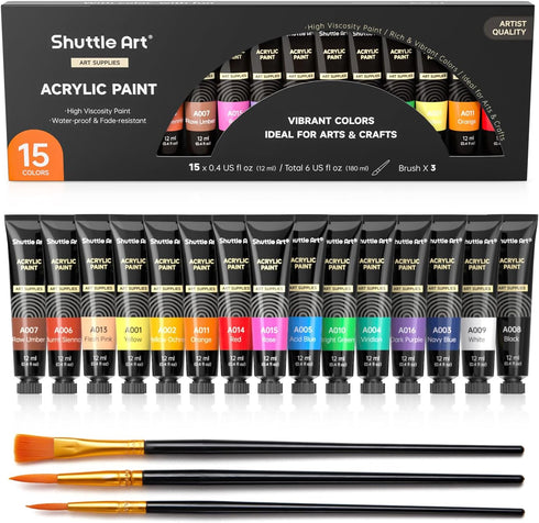 Shuttle Art Acrylic Paint Set, 15 x 12ml Tubes Artist Quality Non Toxic Rich Pigments Colors Perfect for Kids Adults Beginners Artists Painting on...