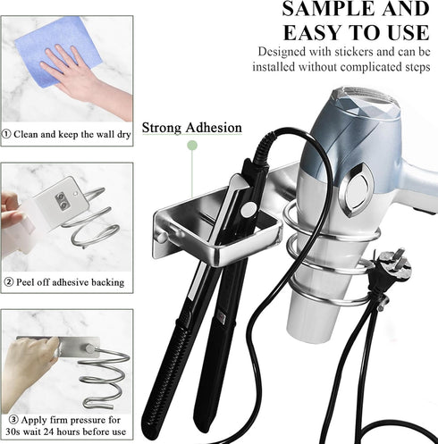 Hair Dryer Holder - Hair Tool Organizer Wall Mount, Aluminum Blow Dryer Holder with Self Adhesive and Drilling Install Options, Flat Iron/Curling ...