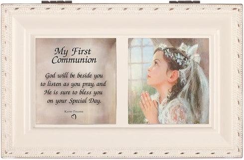 Cottage Garden First Communion God Beside You Matte Ivory Rope Trim Petite Music Box Plays Ave Maria...
