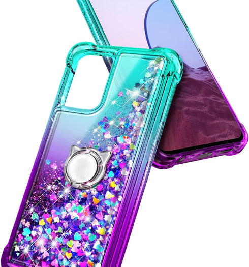 NZND Compatible with T-Mobile REVVL 6 Pro 5G / REVVL 6X Pro 5G Case with Tempered Glass Screen Protector, Ring Holder/Wrist Strap, Glitter Liquid ...