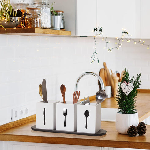Kathfly 4 Pcs Silverware Caddy Utensil Holder for Countertop Silverware Organizer with Wood Tray Spoon Fork Holder for Kitchen Parties(White)...