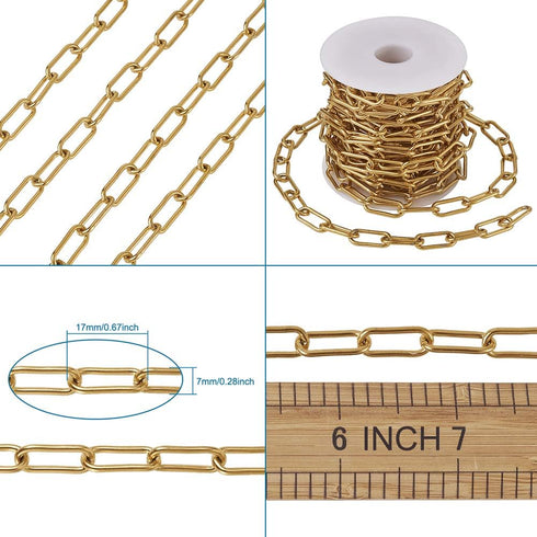 Pandahall 16.4 Feet 304 Stainless Steel Paperclip Chains Necklace Golden Plated 17x7x1.6mm Unwelded Strong Oval Cable Chains Links with Spool for ...