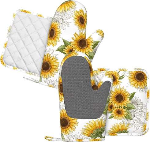 Sunflower Oven Mitts and Pot Holders Silicone Sunflowers Kitchen Gloves Yellow Sunflower Potholders Heat Resistant 4Pcs Oven Gloves Hot Pads for C...