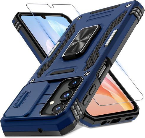 DEERLAMN for Samsung Galaxy A15 5G Case with Slide Camera Cover+Screen Protector (1 Pack), Rotated Ring Kickstand Military Grade Shockproof Protec...