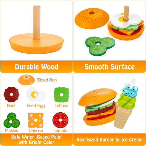 Bravmate Wooden Montessori Toys for 1 2 3 Years Old Kids, Realistic Burger & Ice Cream Toy, Stacking & Pretend Play for Little Chef, Preschool Pla...