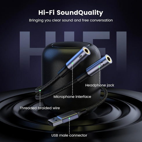 MOSWAG USB Audio Adapter External Sound Card Stereo Cable with Dual TRS 3-Pole 3.5mm Headphone and Microphone Jacks USB to Dual 3.5mm Audio Jack A...