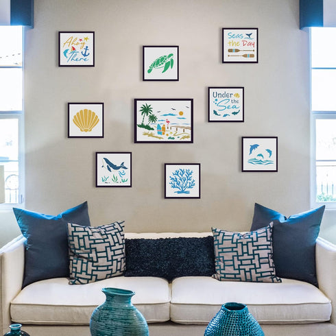 FINGERINSPIRE Beach Scenery Stencil 8.3x11.7 inch Ocean Beach Stencil Template Plastic Coconut Trees Seagulls Flamingo Shells Pattern Painting Ste...