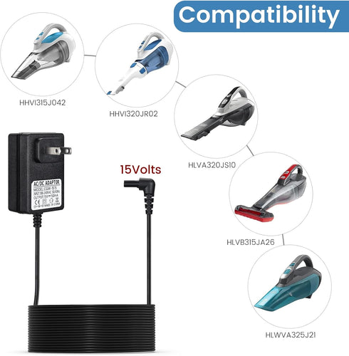 15V Charger Compatible with Black and Decker Dustbuster Handheld Vacuum HHVI315JO42 HHVI320JR02 HLVA320JS10 - Black Power Cord Adapter for 9062787...