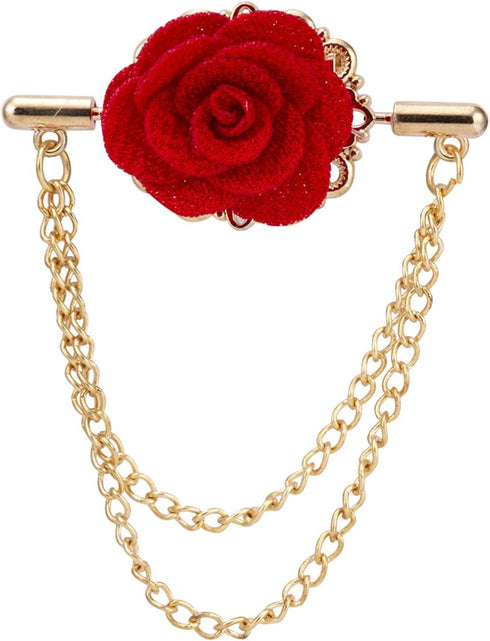 Red Flower with Double Hanging Chain Lapel Pin Brooch...