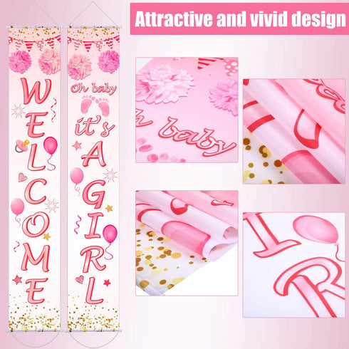 Blulu Baby Shower Decorations 71 x 12 Inch Welcome It Is a Girl Banner Backdrop Background Door Hanging Porch Sign for Baby Shower Gender Reveal P...