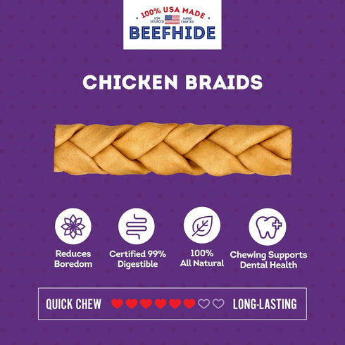 USA Beefhide Braids 7-8" Dog Chew Treats - Chicken Flavor, 6 Count/1 Pack...