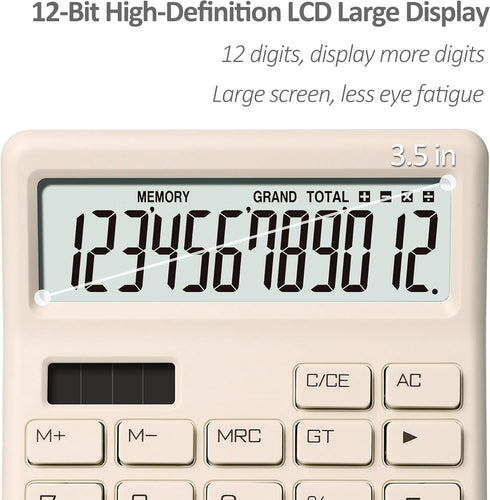 Standard Calculator 12 Digit,Beige Desktop Dual Power Battery and Solar,Desk Calculators with Large LCD Display,Perfect for Home, Office,and Schoo...
