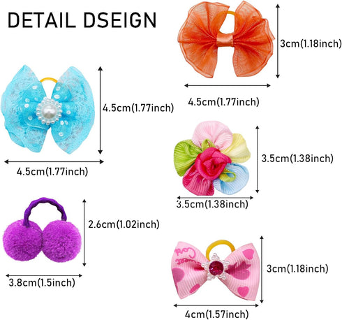 100pcs Dog Hair Bows, Bulk Cute Puppy Pet Small Dog Hair Bows with Rubber Bands, Mix Handmade Flower Puff Ball Rhinestone Pearls Dog Bows, Yorkie ...