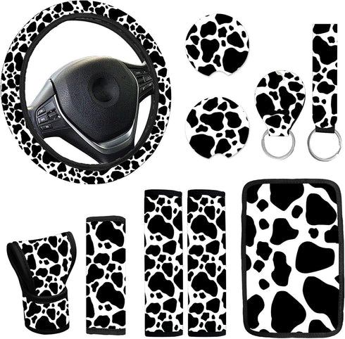 10 Pieces Cow Car Steering Wheel Cover Center Console Armrest Pad Headrest Seat Belt Cover Handbrake Cover Keychain Coaster Full Set Car SUV(Cow)...