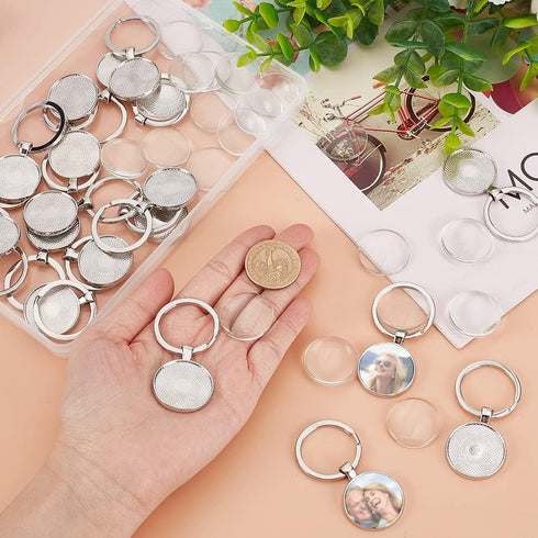 DICOSMETIC 20Pcs Keychain Cabochon Settings Blanks Bezel Trays Charm 25mm Round Trays for Keychain Blanks Trays for Photo Resin Alloy Keyring with...