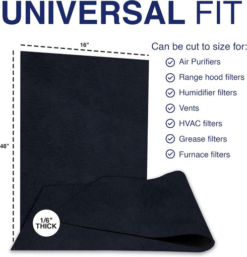 Cut To Fit Air Filter - Carbon Pad Pre Filter for Air Purifiers Furnace Filters, Trash Cans and Air Conditioner Filters, 1/6" thick, 16" x 48" She...