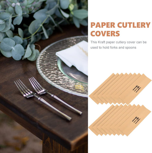 Brown Kraft Paper Bags 100pcs Disposable Silverware Flatware Paper Sleeves Kitchen Cutlery Utensils Holder for Christmas Party Table Decorations S...
