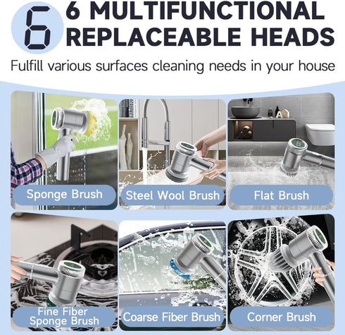 Cordless Electric Spin Scrubber,Electric Scrubber for Cleaning,Battery Display,3 Speeds Rechargeable Cleaning Brush with 6 Heads for Tile/Bathtub/...